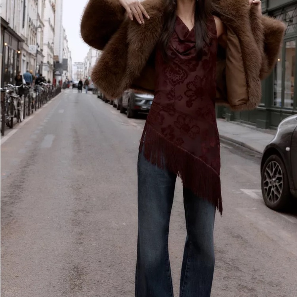 NWT Zara Fringed Burgundy Velvet Top